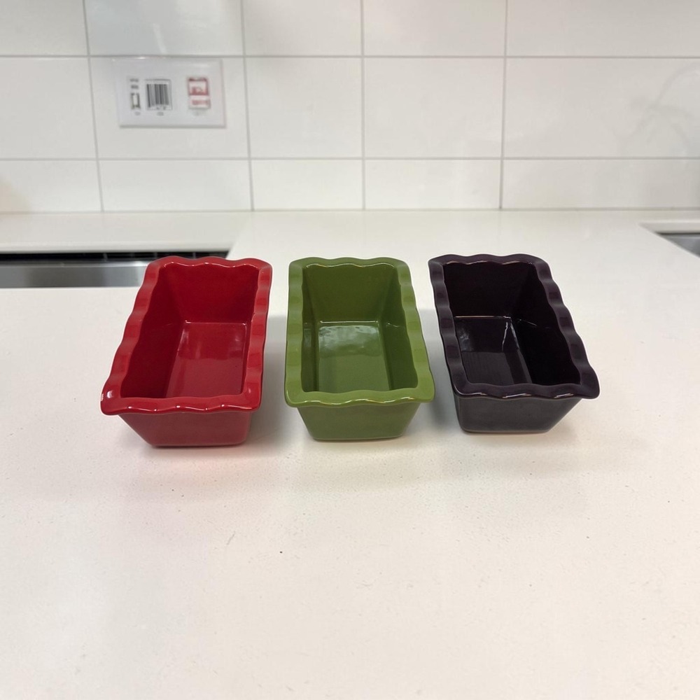 Dennis East Ceramic Mini Loaf Pan Set of 3 Red Green Plum Scalloped Rim Bakeware